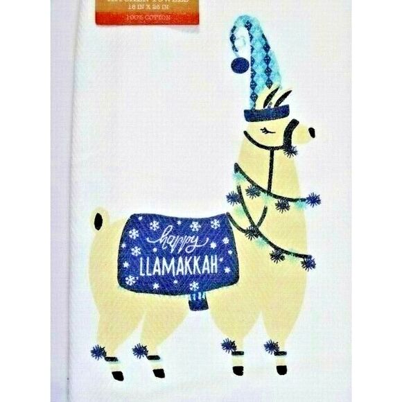 Happy Llamakkah Kitchen Towels Llama Blue Cream Cotton Set of 2 Gift NEW - Picture 2 of 4